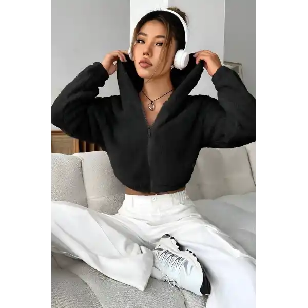 Peluş ceket kapşonlu siyah