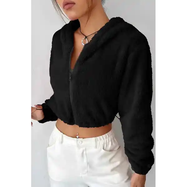 Peluş ceket kapşonlu siyah