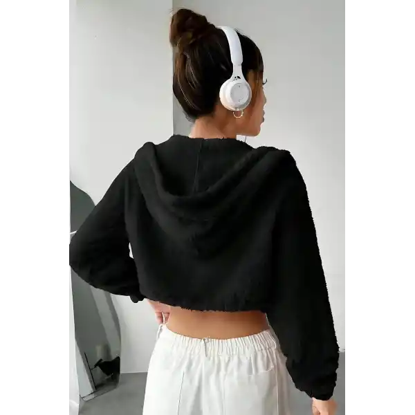 Peluş ceket kapşonlu siyah