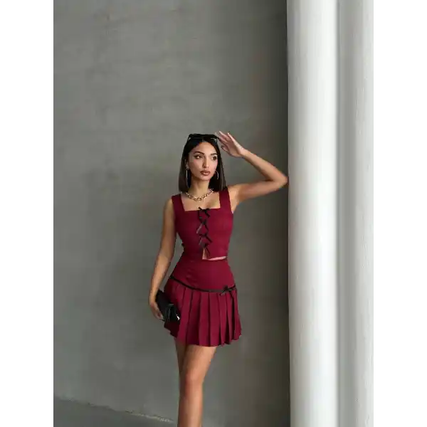 Pileli etek yelek takım bordo s255015