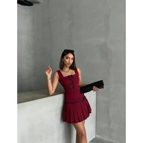 Pileli etek yelek takım bordo s255015