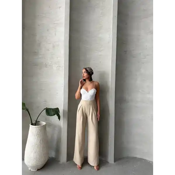 Pileli keten pantolon s255046