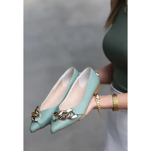 Popi Mint Yeşili Cilt Zincirli Babet Ayakkabı