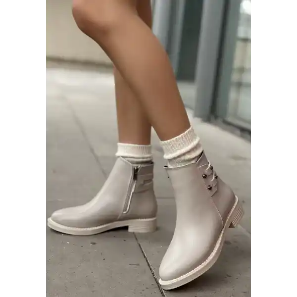 Siari Bej Cilt Topuklu Bot