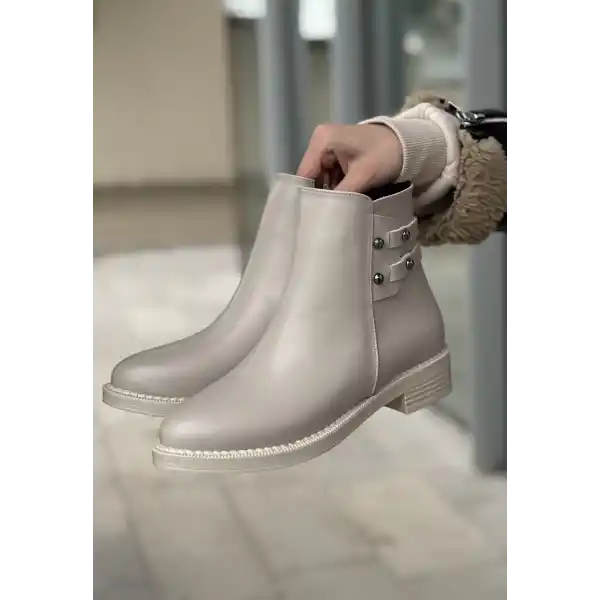 Siari Bej Cilt Topuklu Bot