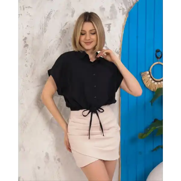 Sıfır kollu bağlamalı crop gömlek siyah s255359