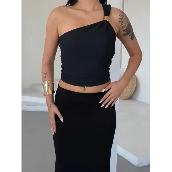 Tek omuzlu Otoman kumaş gold metal detaylı bluz s2311