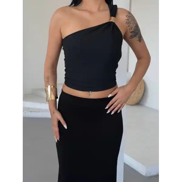 Tek omuzlu Otoman kumaş gold metal detaylı bluz s2311