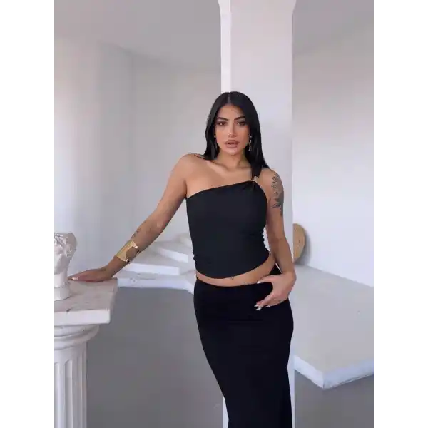 Tek omuzlu Otoman kumaş gold metal detaylı bluz s2311