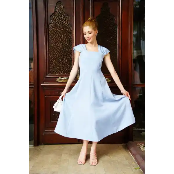 U yaka prenses elbise mavi s255101