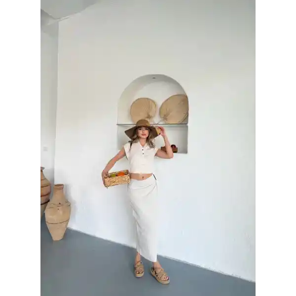 Uzun etekli bluz takım keten krem s255852