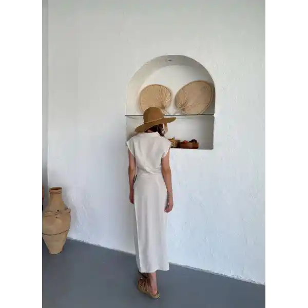 Uzun etekli bluz takım keten krem s255852