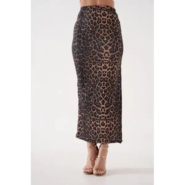 Uzun yırtmaçlı ince kumaş etek leopar