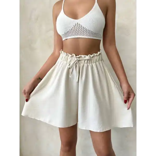 Volanlı keten şort bej s255058