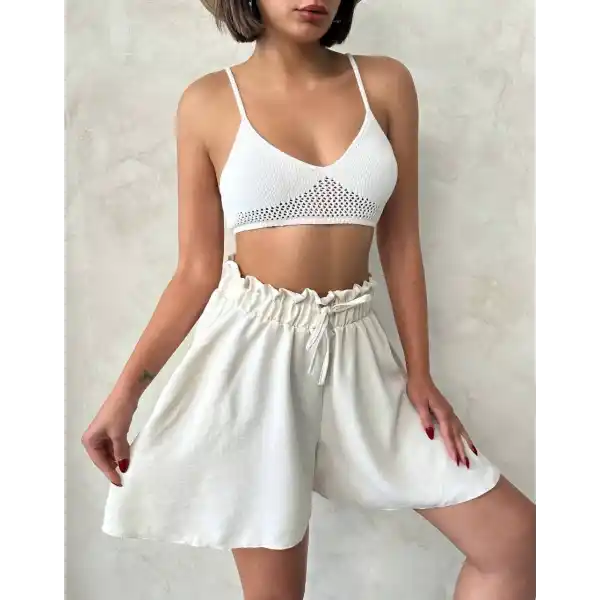 Volanlı keten şort bej s255058