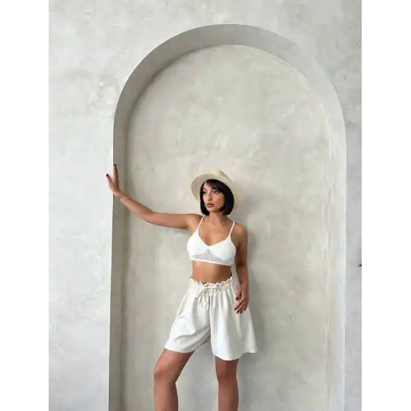 Volanlı keten şort bej s255058