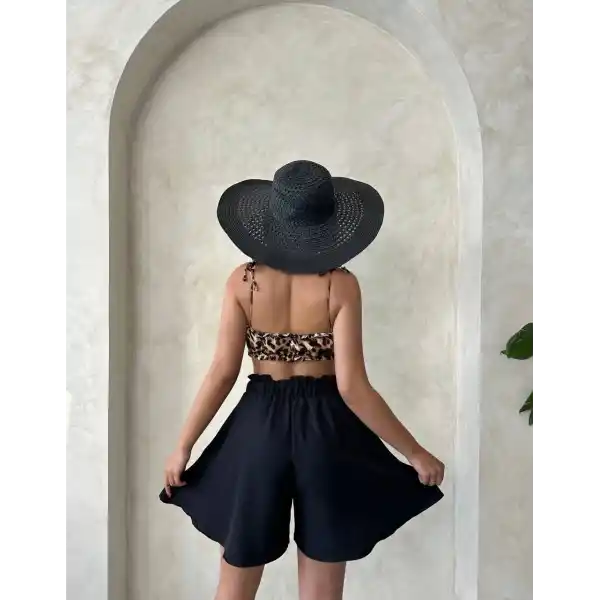 Volanlı keten şort siyah s255058