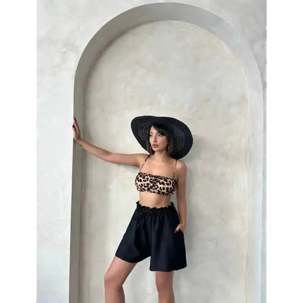 Volanlı keten şort siyah s255058