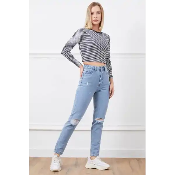 Yüksek bel yırtmaçlı mom jean pantolon