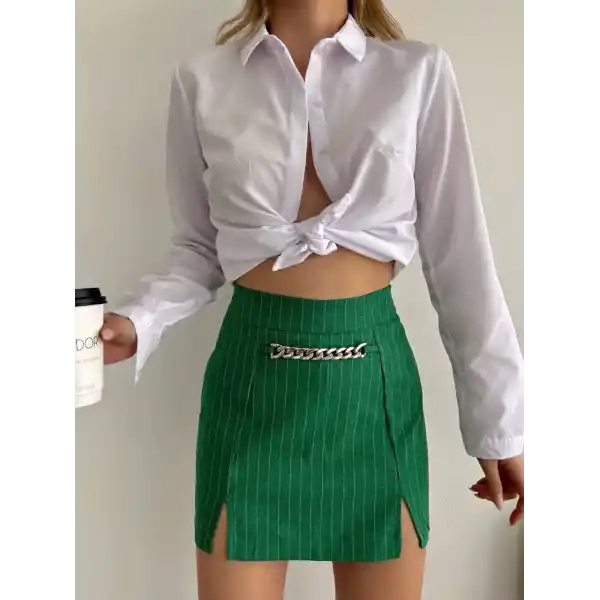 Zincir detaylı çizgili şort etek