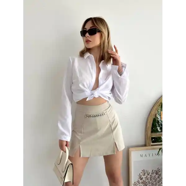 Zincir detaylı çizgili şort etek