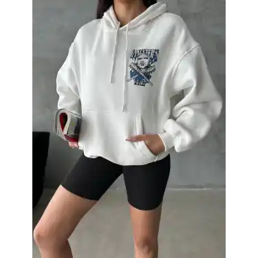 3 iplik şardonlu oversize compact kafa baskılı sweat beyaz