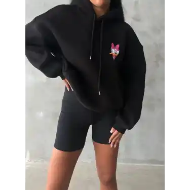 3 iplik şardonlu oversize compact ördek baskılı sweat siyah