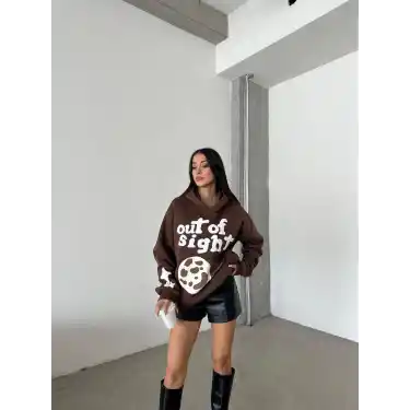 3 iplik şardonlu oversize compact out of baskılı sweat kahve