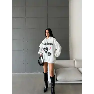 3 iplik şardonlu oversize compact true baskılı sweat Beyaz