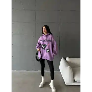 3 iplik şardonlu oversize compact true baskılı sweat mor