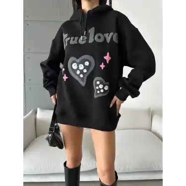 3 iplik şardonlu oversize compact true baskılı sweat siyah
