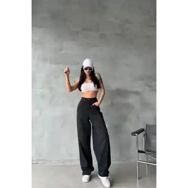 Arkadan tokalı jeans pantolon Siyah