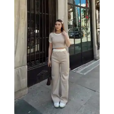 Crop pantolon biyeli takım bej
