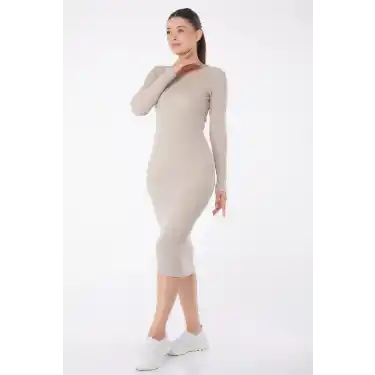 Düz Bisiklet Yaka Kadın Midi Elbise