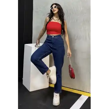Düz Orta Kadın Mavi Slim Fit Mom pantolon