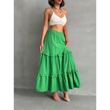 Fırfırlı brodeli astarlı uzun etek yeşil s255047