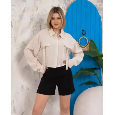 Kemer cepli keten crop gömlek krem s255350