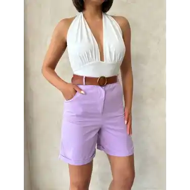 Kemerli gabardin şort lila s25735