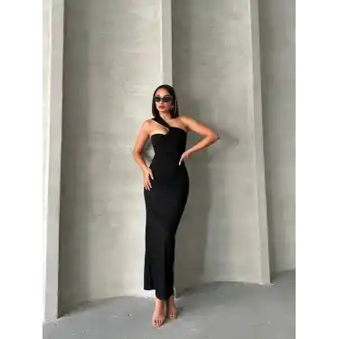 Krinkıl tek omuz uzun elbise siyah s25455