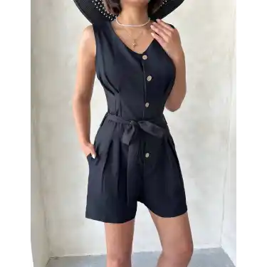 Kuşaklı şortlu tulum