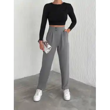 örme krep pantolon çift düğmeli