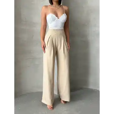 Pileli keten pantolon s255046
