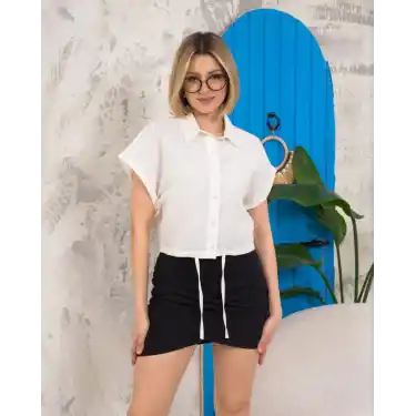 Sıfır kollu bağlamalı crop gömlek beyaz s255359