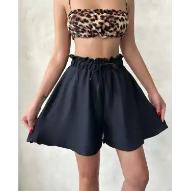 Volanlı keten şort siyah s255058