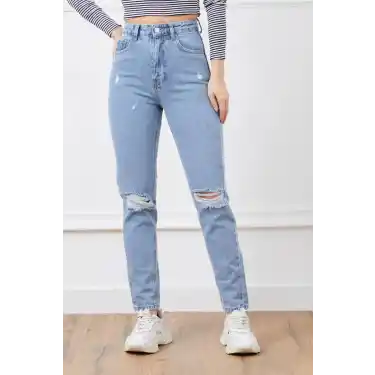 Yüksek bel yırtmaçlı mom jean pantolon
