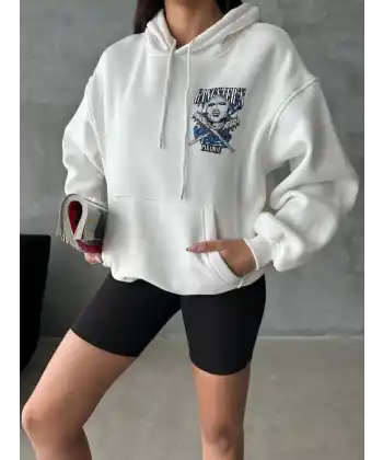 3 iplik şardonlu oversize compact kafa baskılı sweat beyaz