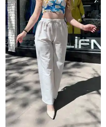 Bağcıklı keten pantolon krem