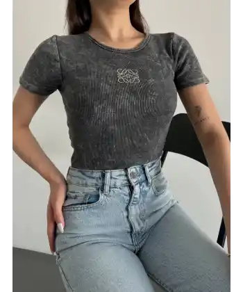 Baskılı yıkalmalı bluz