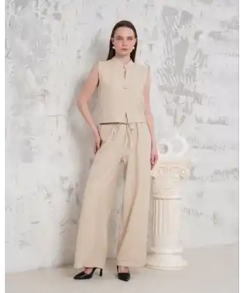 Broşlu yelek pantolon takım bej s255821
