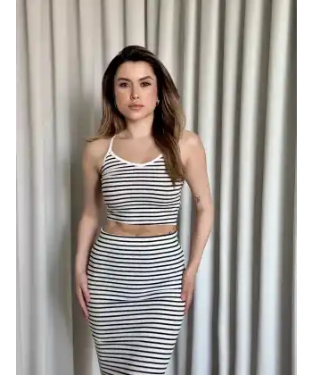 Çizgili etek crop takım